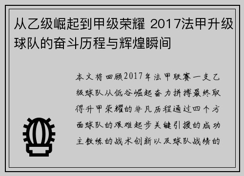 从乙级崛起到甲级荣耀 2017法甲升级球队的奋斗历程与辉煌瞬间